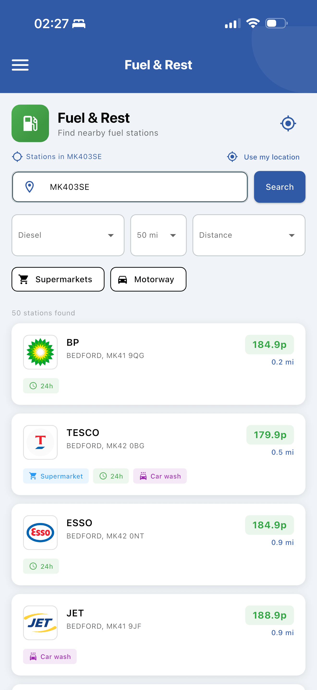 Driver Codes Fuel Finder showing live petrol and diesel prices nearby