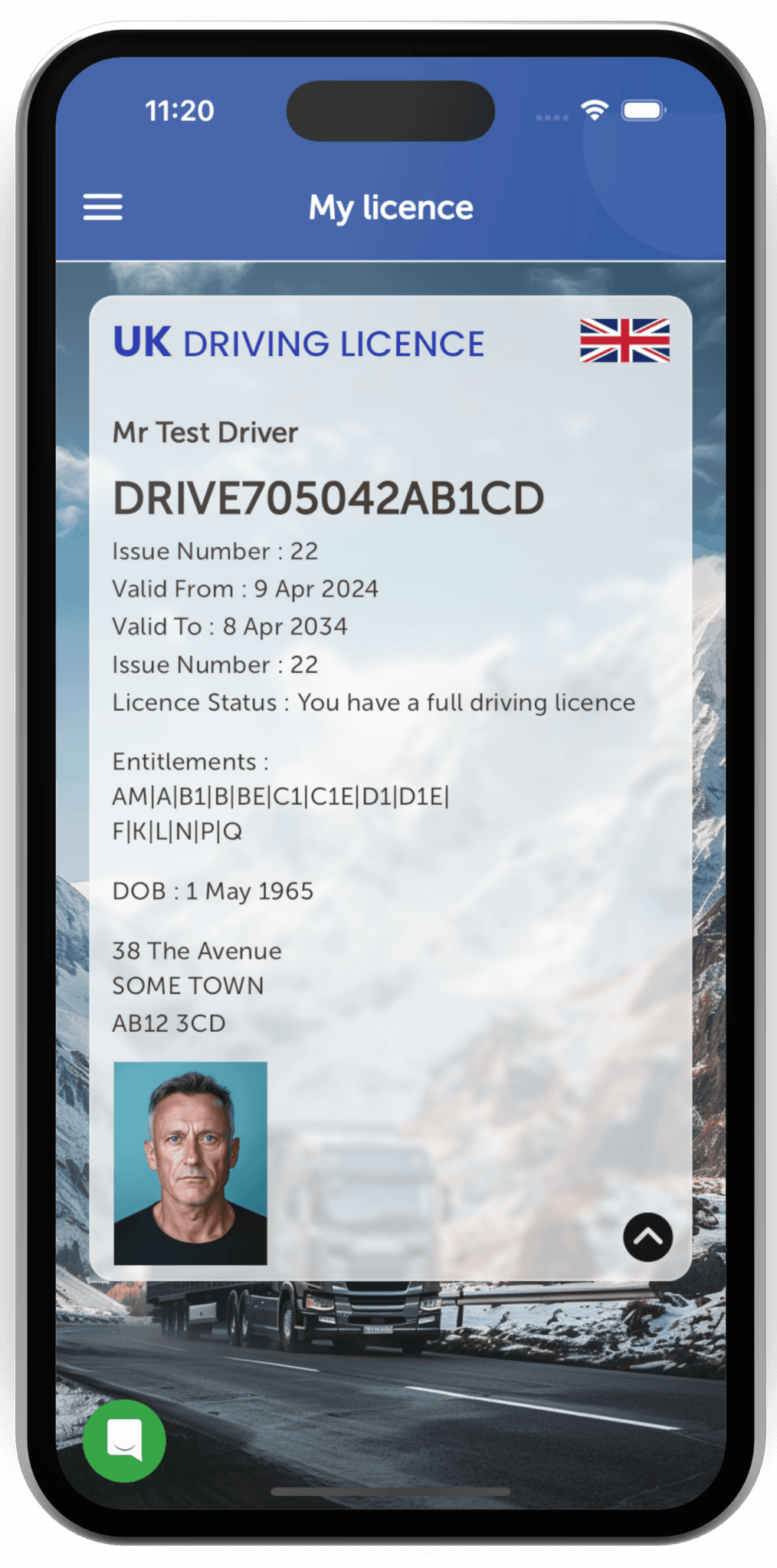 The Driver Codes app showing a UK driving licence at a glance