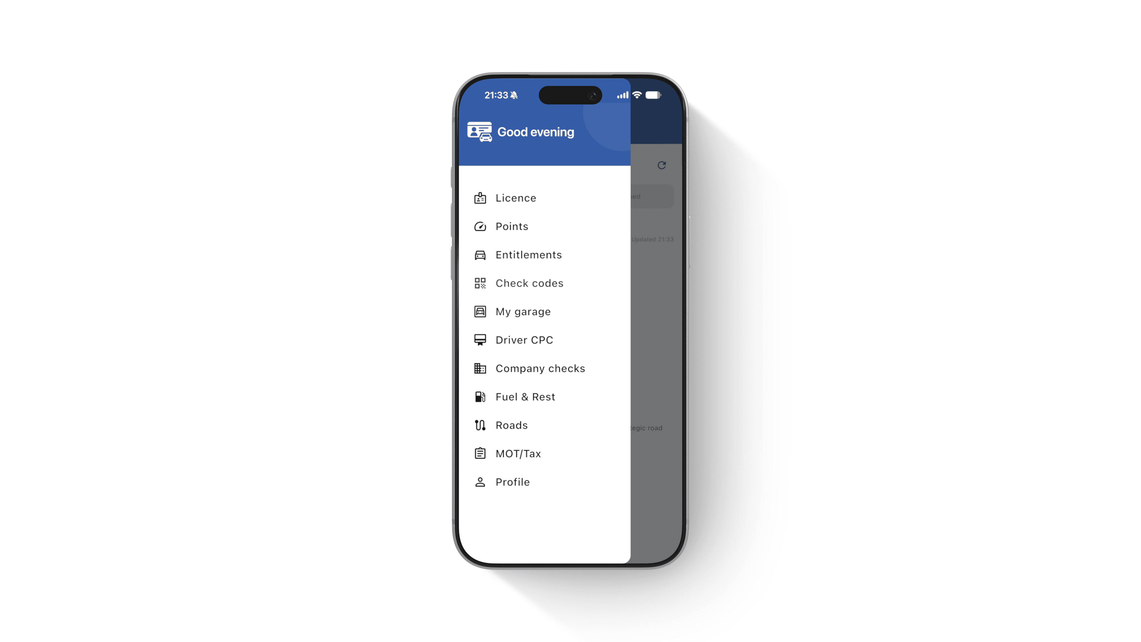 Driver Codes app menu showing driving licence tools