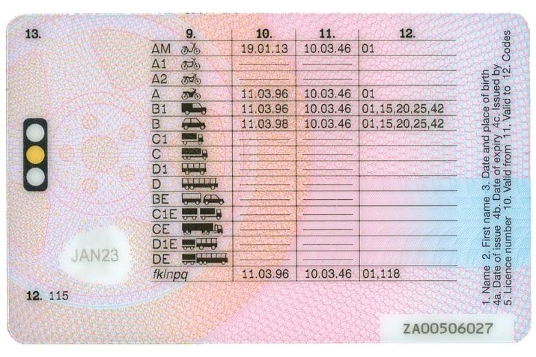 Back of a UK driving licence showing condition codes
